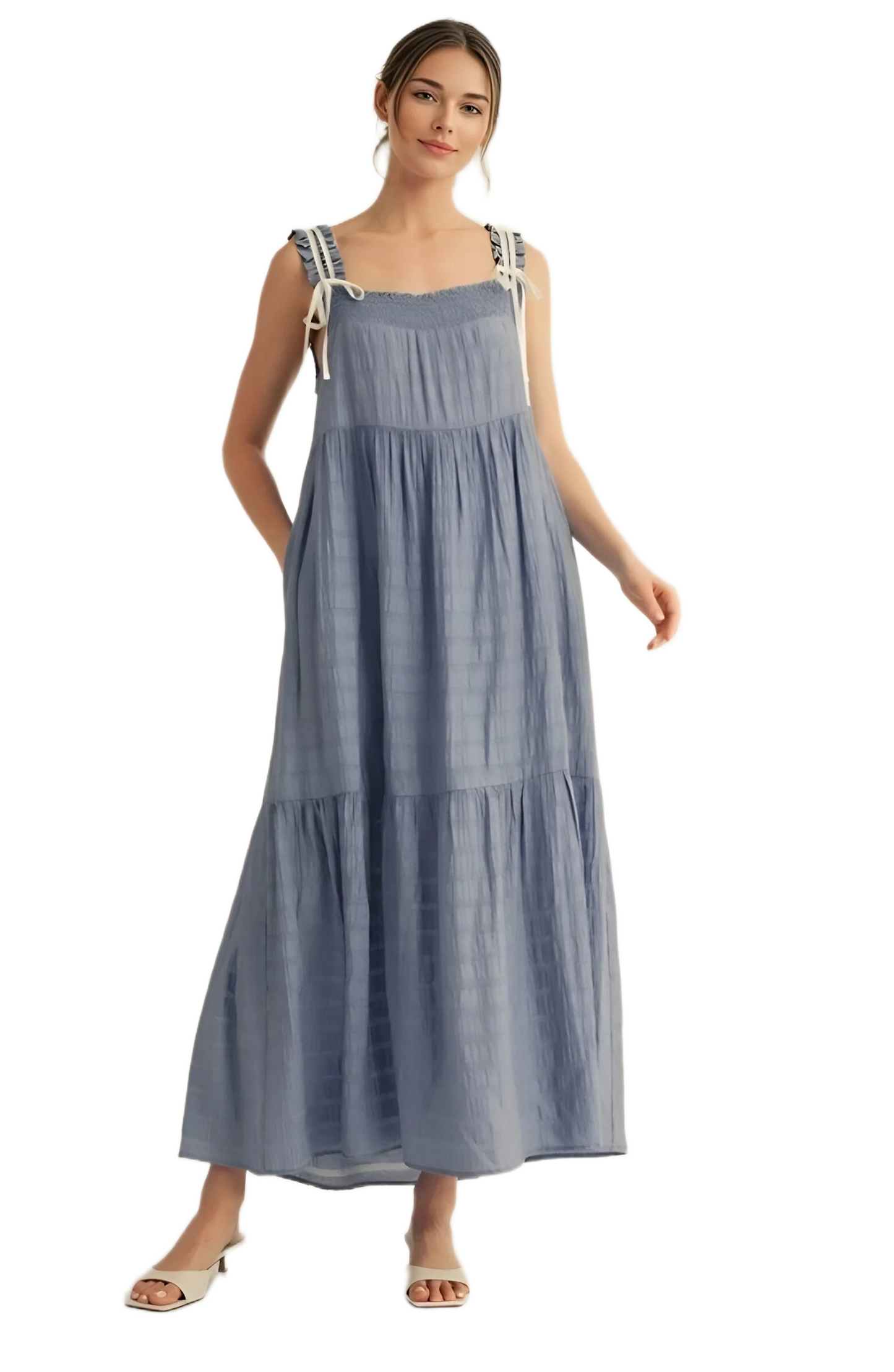 Blue Smocked Maxi Dress with Tie Straps
