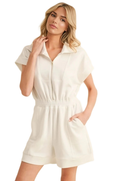 Short Sleeve Zip-Front Romper with Elastic Waist and Pockets