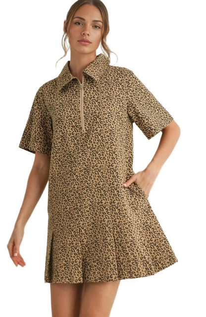 Leopard Print Mini Dress with Zip Front and Structured Collar