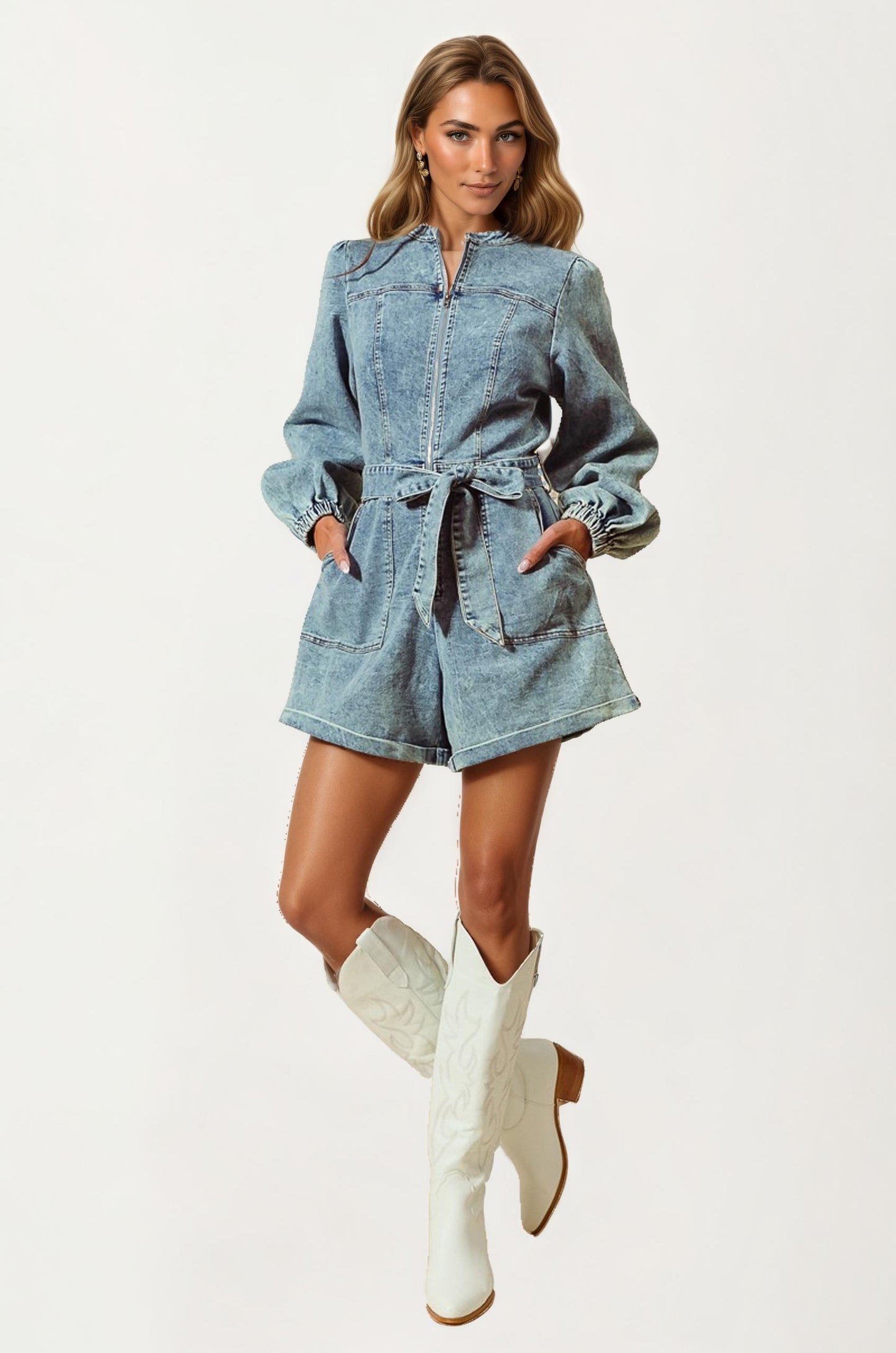 Long Sleeve Belted Denim Romper with Front Zip Closure