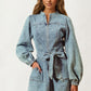 Long Sleeve Belted Denim Romper with Front Zip Closure