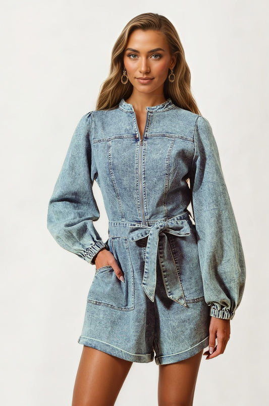 Long Sleeve Belted Denim Romper with Front Zip Closure