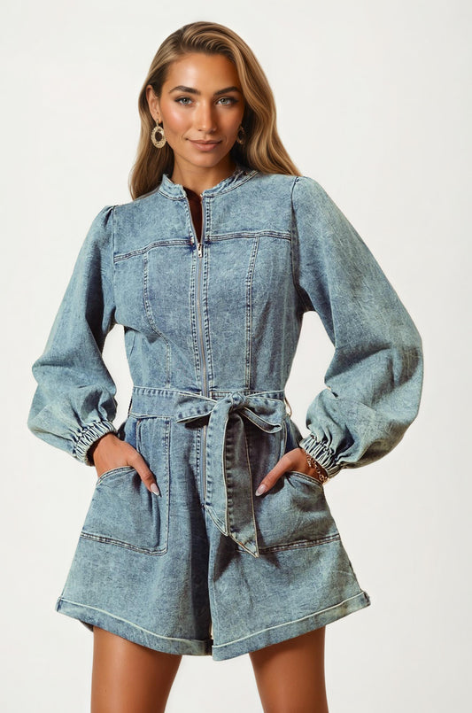 Long Sleeve Belted Denim Romper with Front Zip Closure