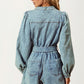 Long Sleeve Belted Denim Romper with Front Zip Closure