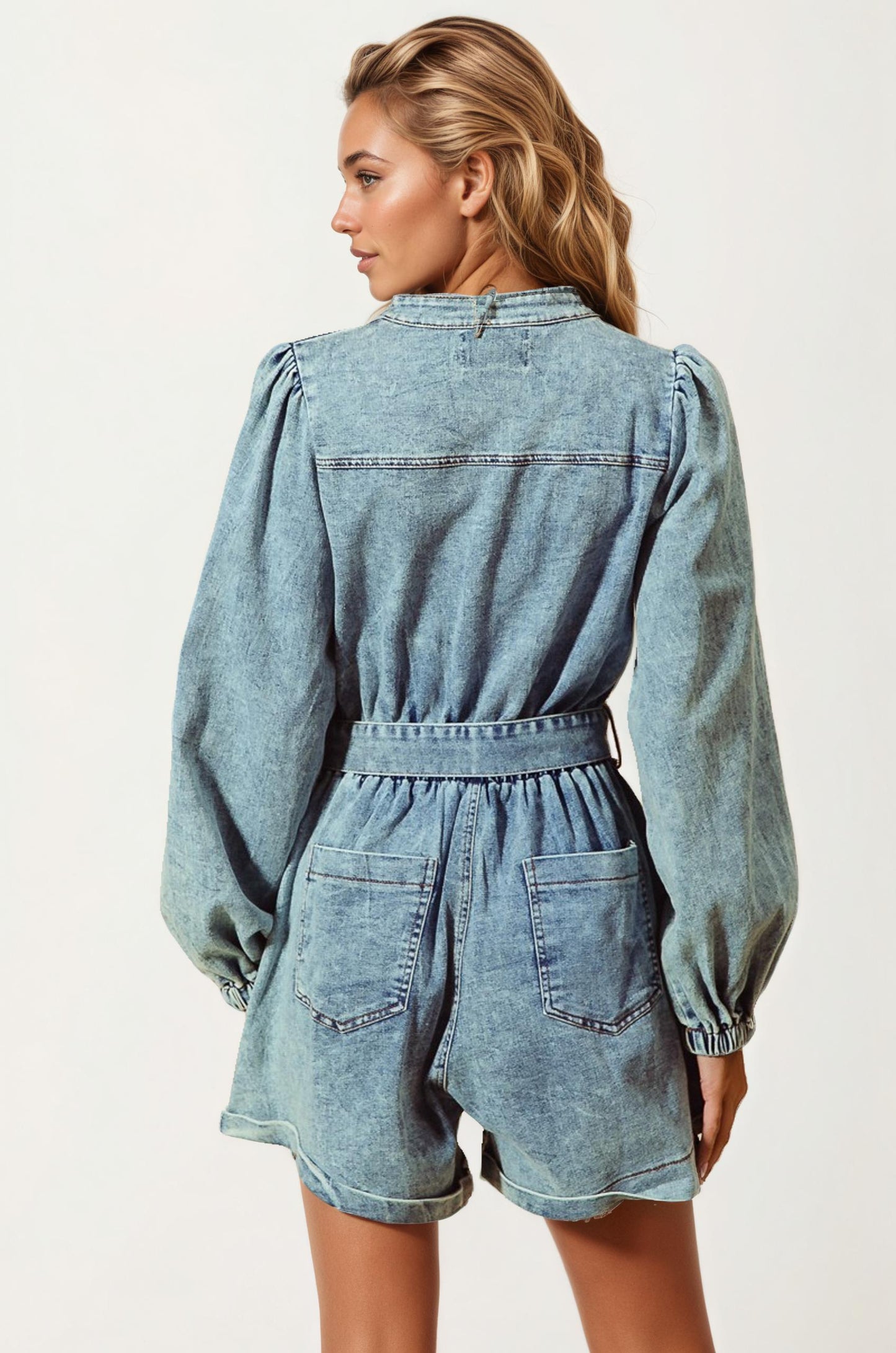 Long Sleeve Belted Denim Romper with Front Zip Closure