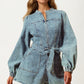 Long Sleeve Belted Denim Romper with Front Zip Closure