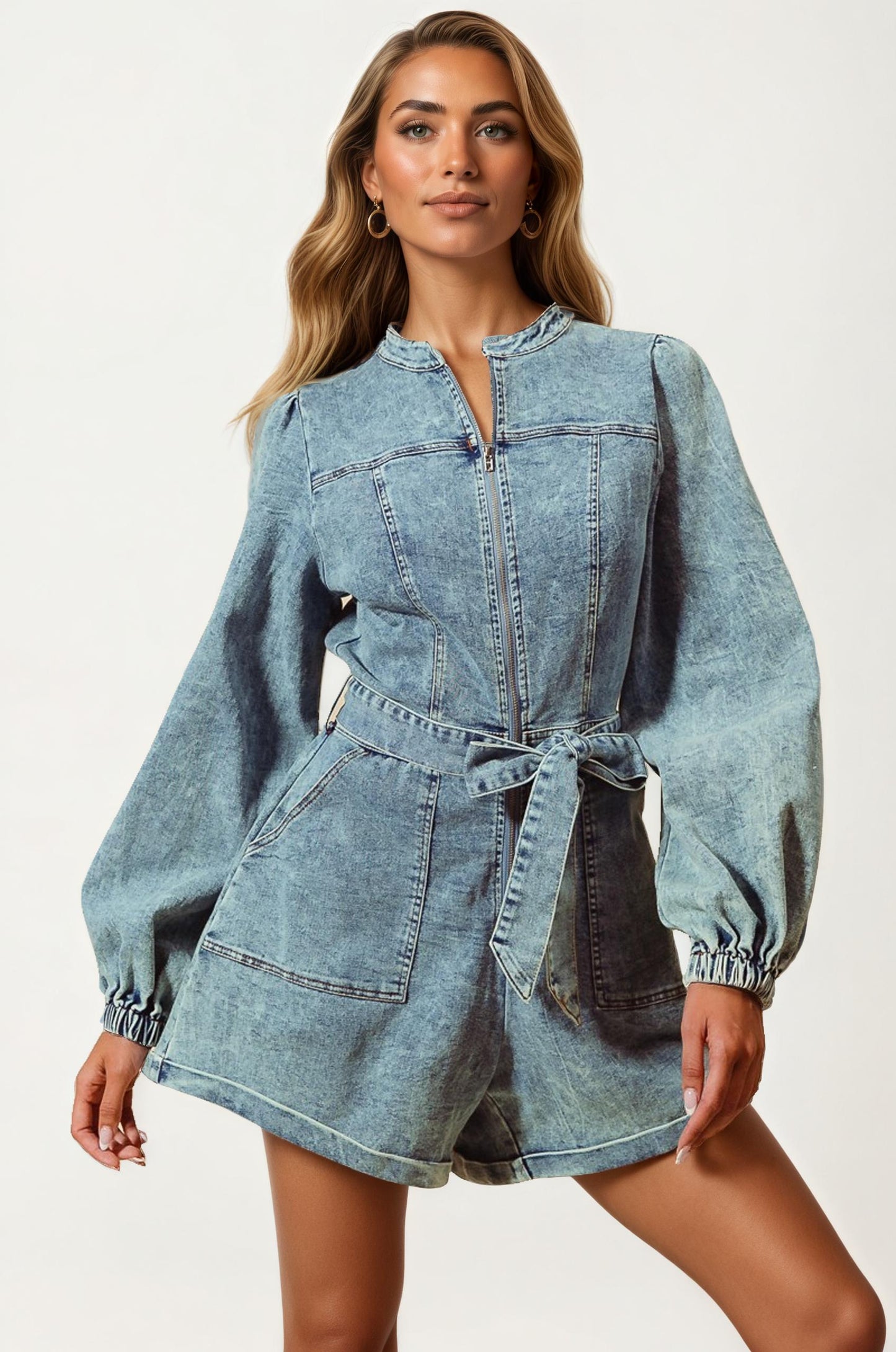 Long Sleeve Belted Denim Romper with Front Zip Closure