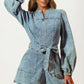 Long Sleeve Belted Denim Romper with Front Zip Closure