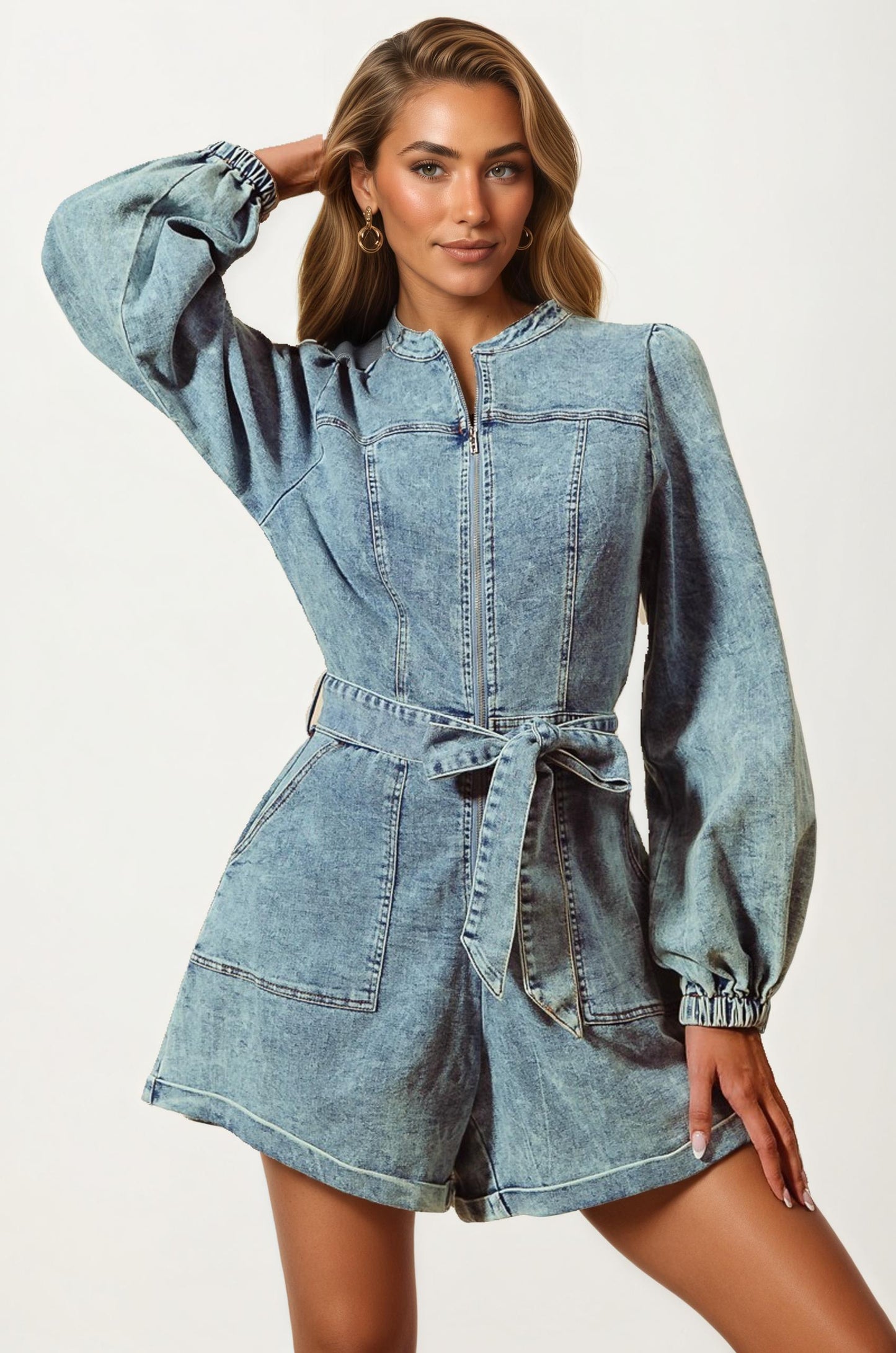 Long Sleeve Belted Denim Romper with Front Zip Closure