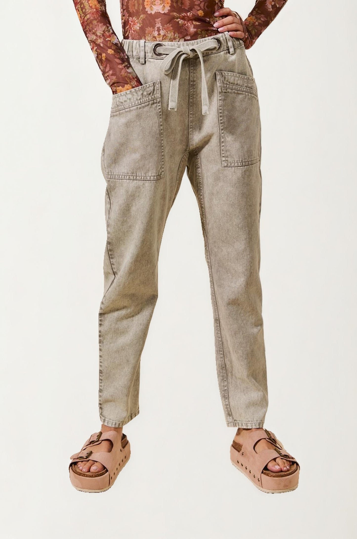 High Rise Drawstring Denim Pants with Oversized Patch Pockets