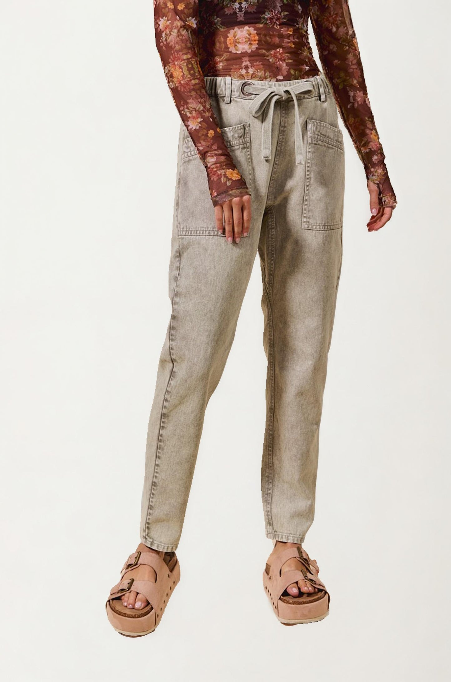High Rise Drawstring Denim Pants with Oversized Patch Pockets