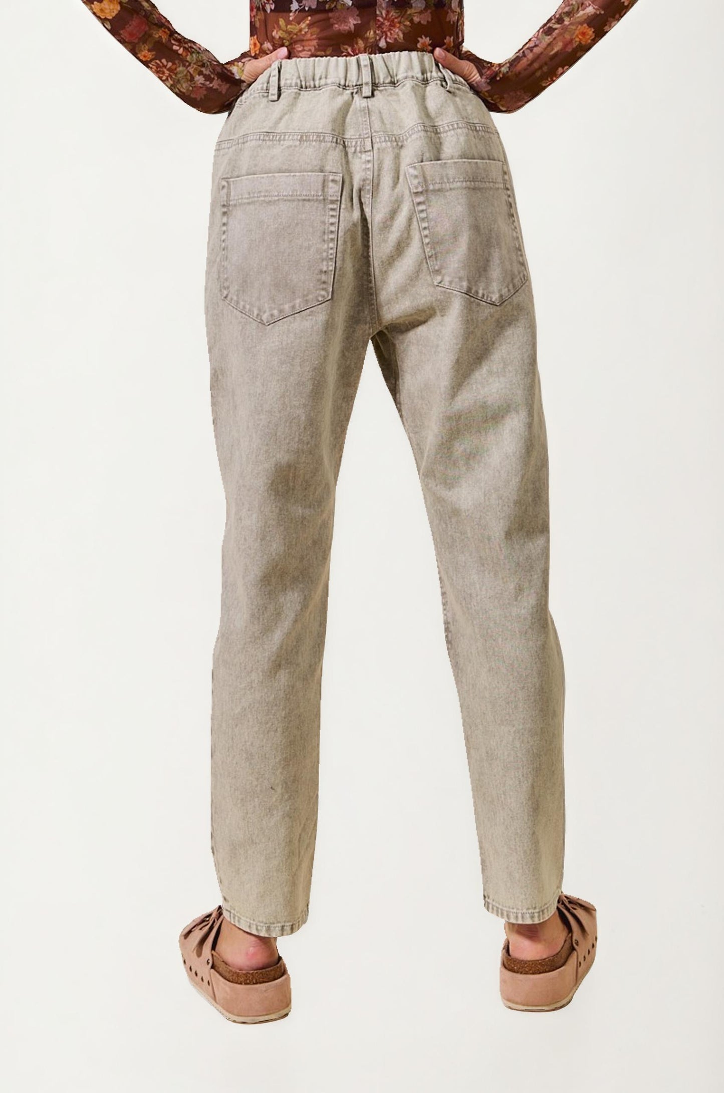 High Rise Drawstring Denim Pants with Oversized Patch Pockets