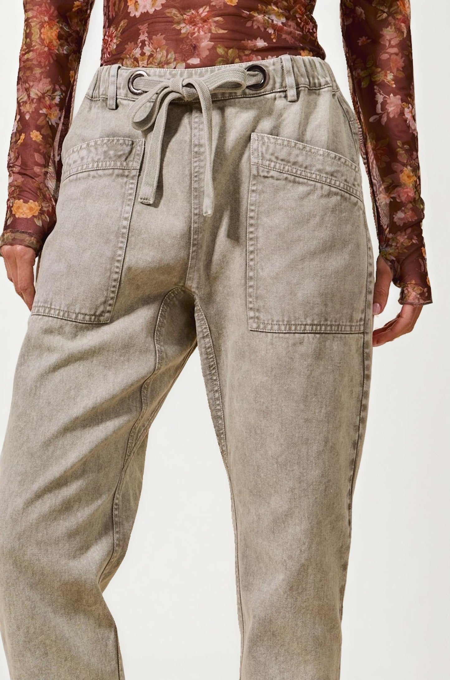 High Rise Drawstring Denim Pants with Oversized Patch Pockets