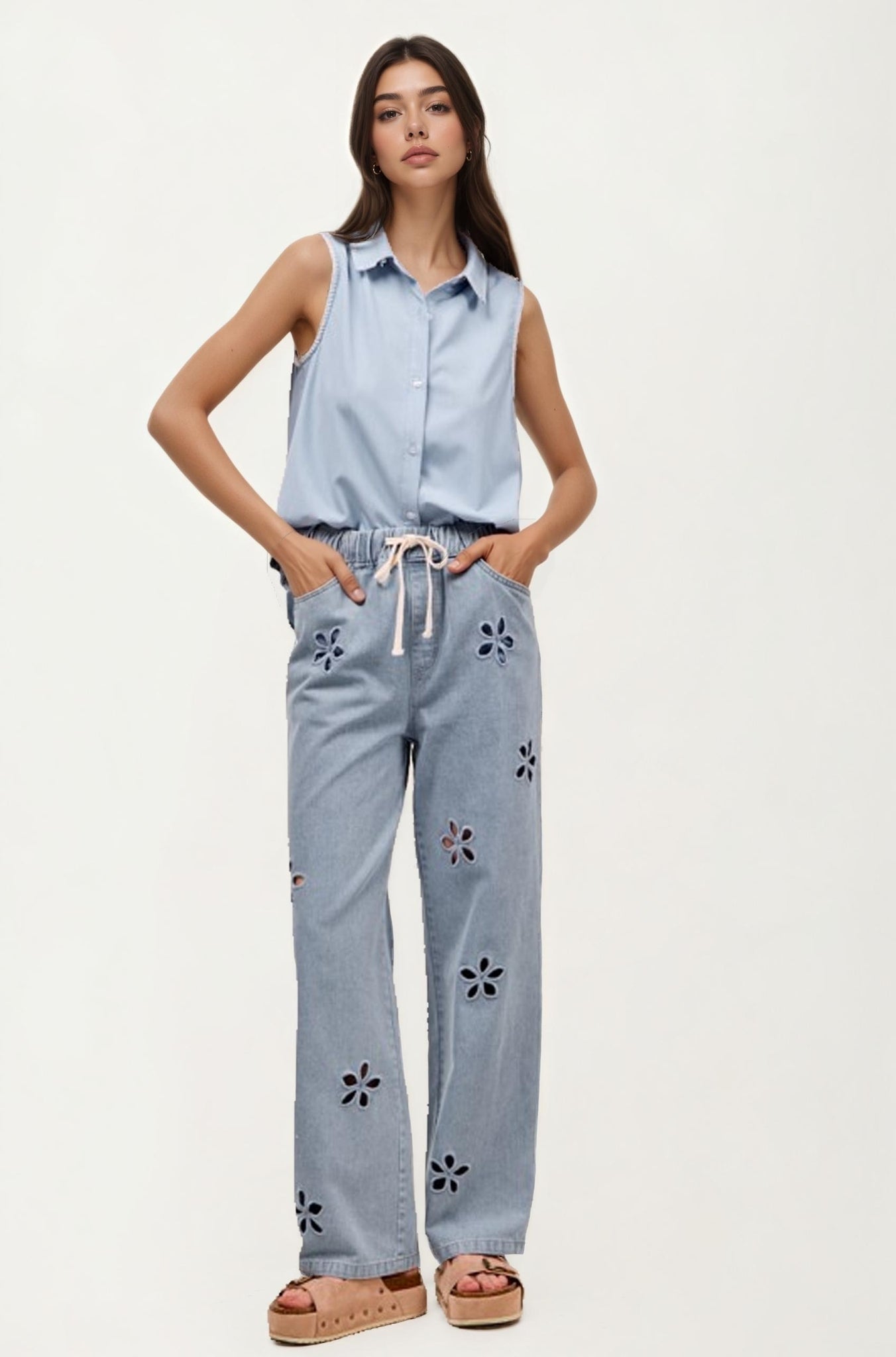 Relaxed Wide Leg Denim Pants With Cutout Flower Detail