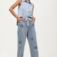 Relaxed Wide Leg Denim Pants With Cutout Flower Detail