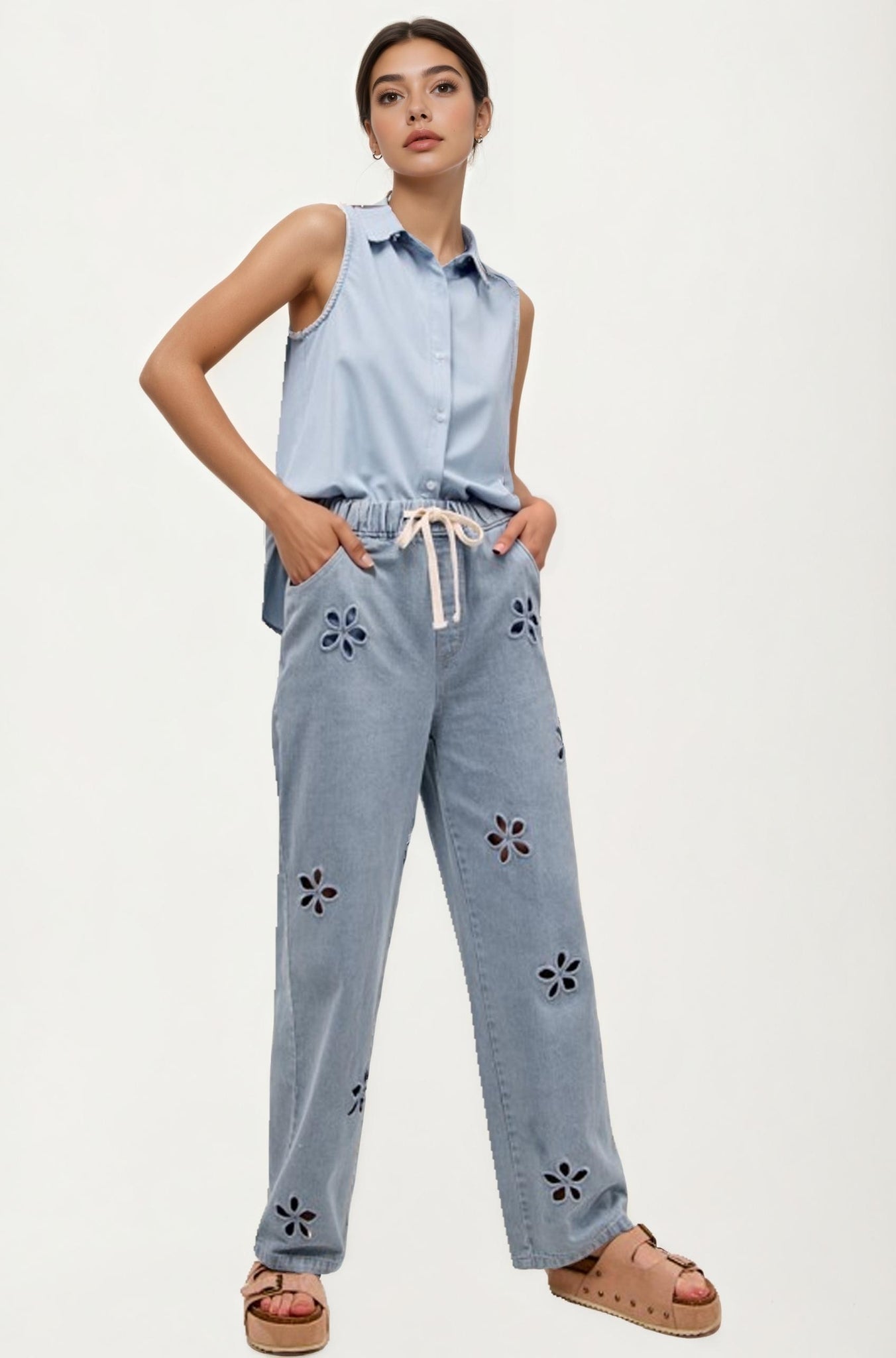 Relaxed Wide Leg Denim Pants With Cutout Flower Detail