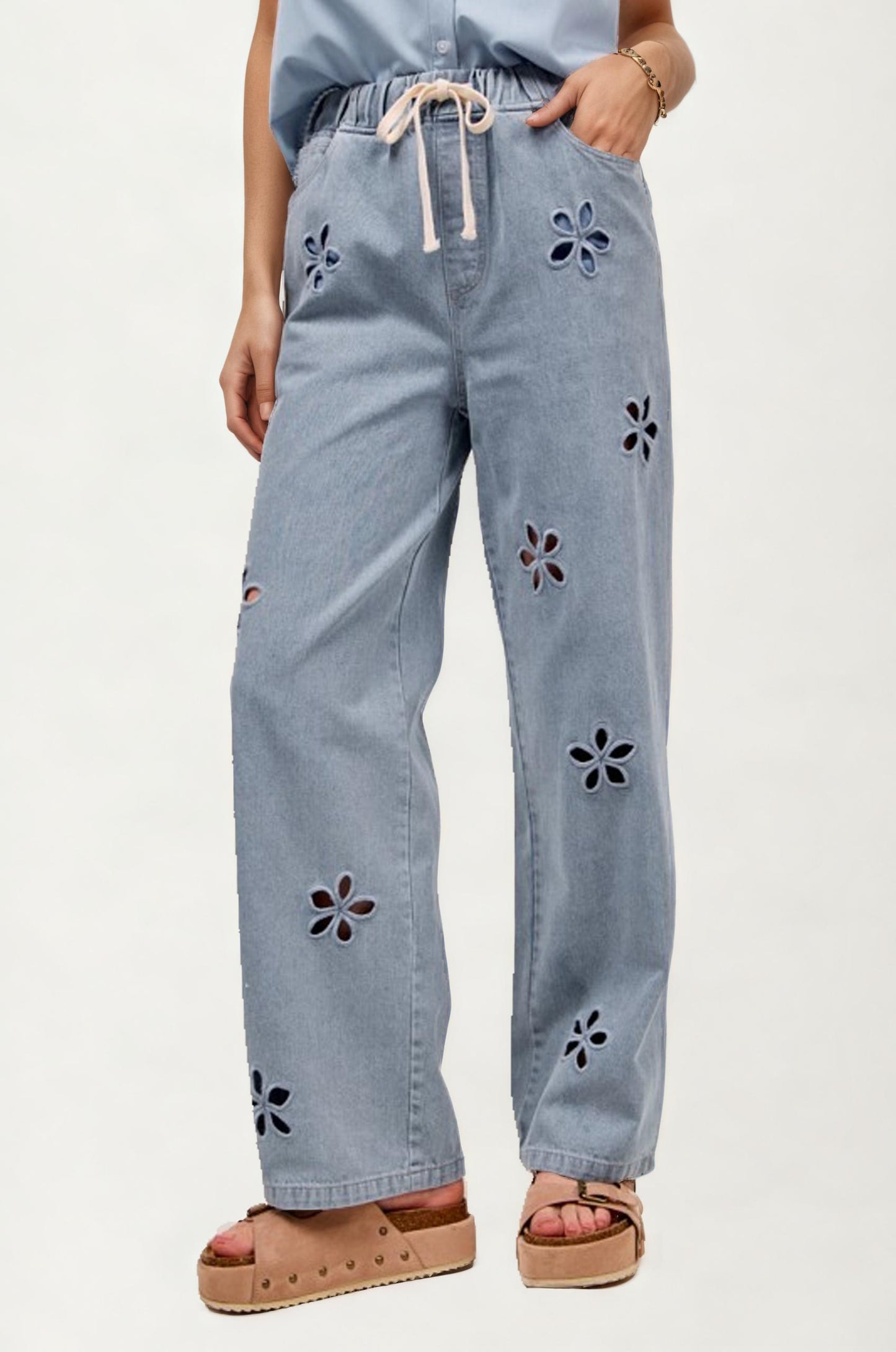 Relaxed Wide Leg Denim Pants With Cutout Flower Detail