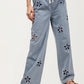 Relaxed Wide Leg Denim Pants With Cutout Flower Detail