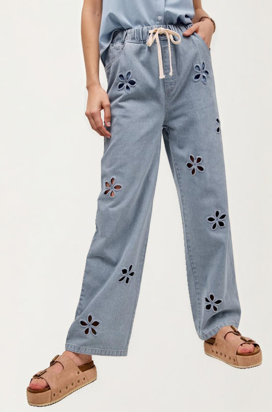 Relaxed Wide Leg Denim Pants With Cutout Flower Detail
