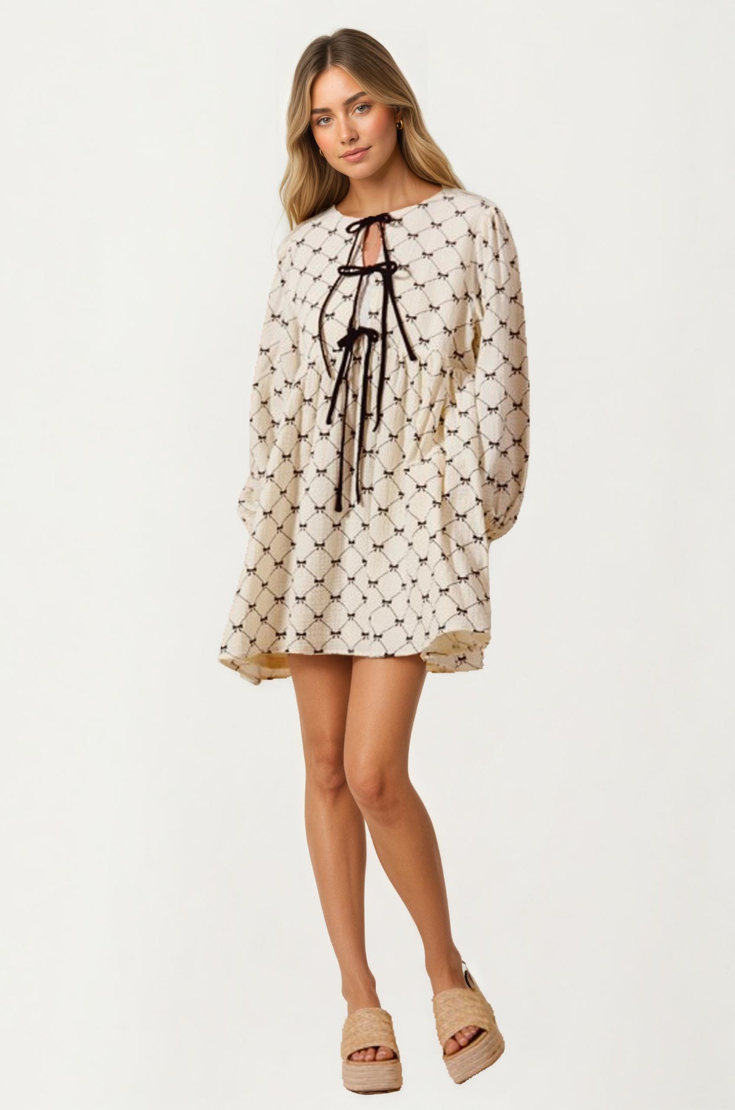 Bow Tie Front Mini Dress With Soft Diamond Pattern