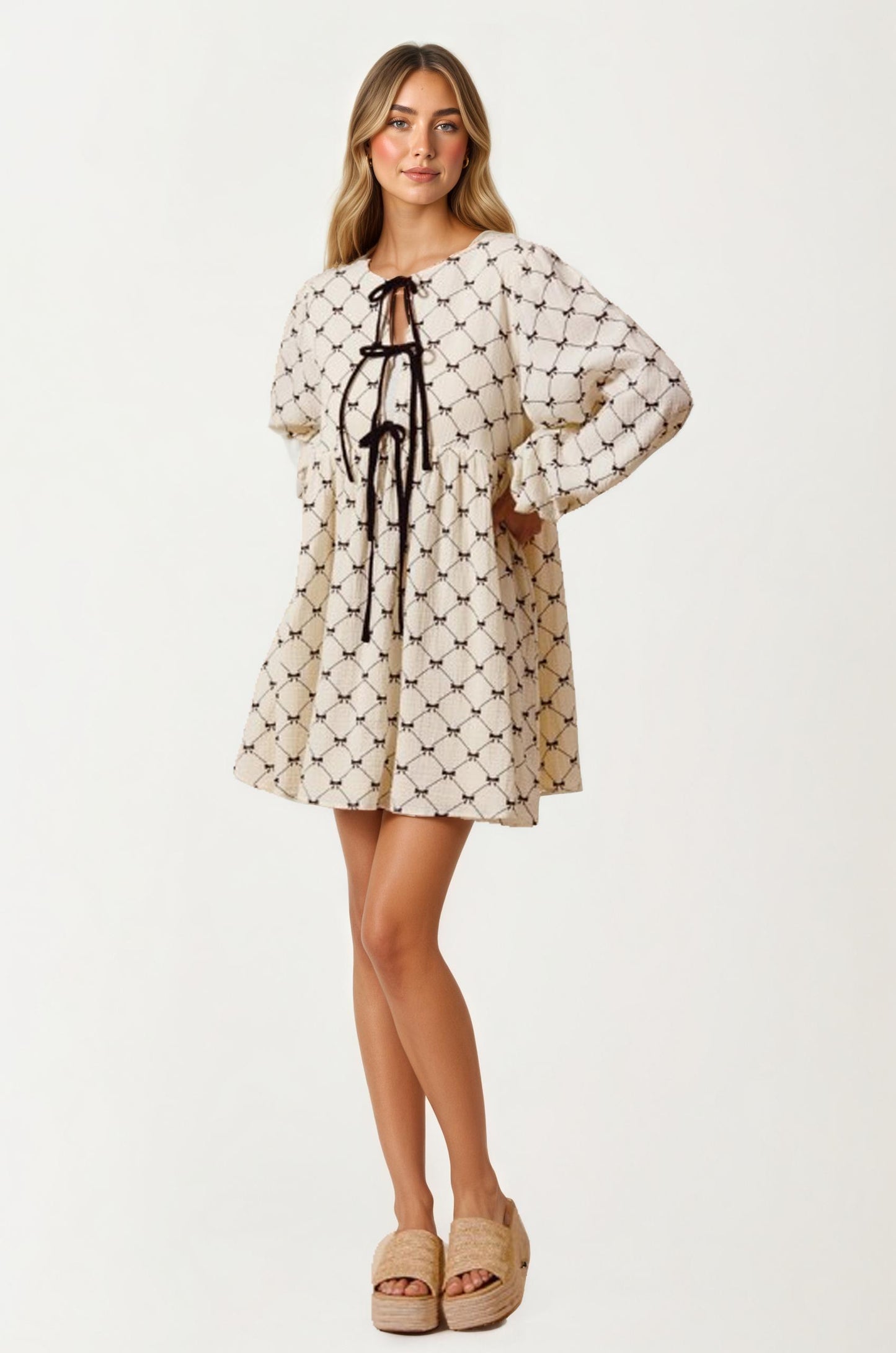 Bow Tie Front Mini Dress With Soft Diamond Pattern