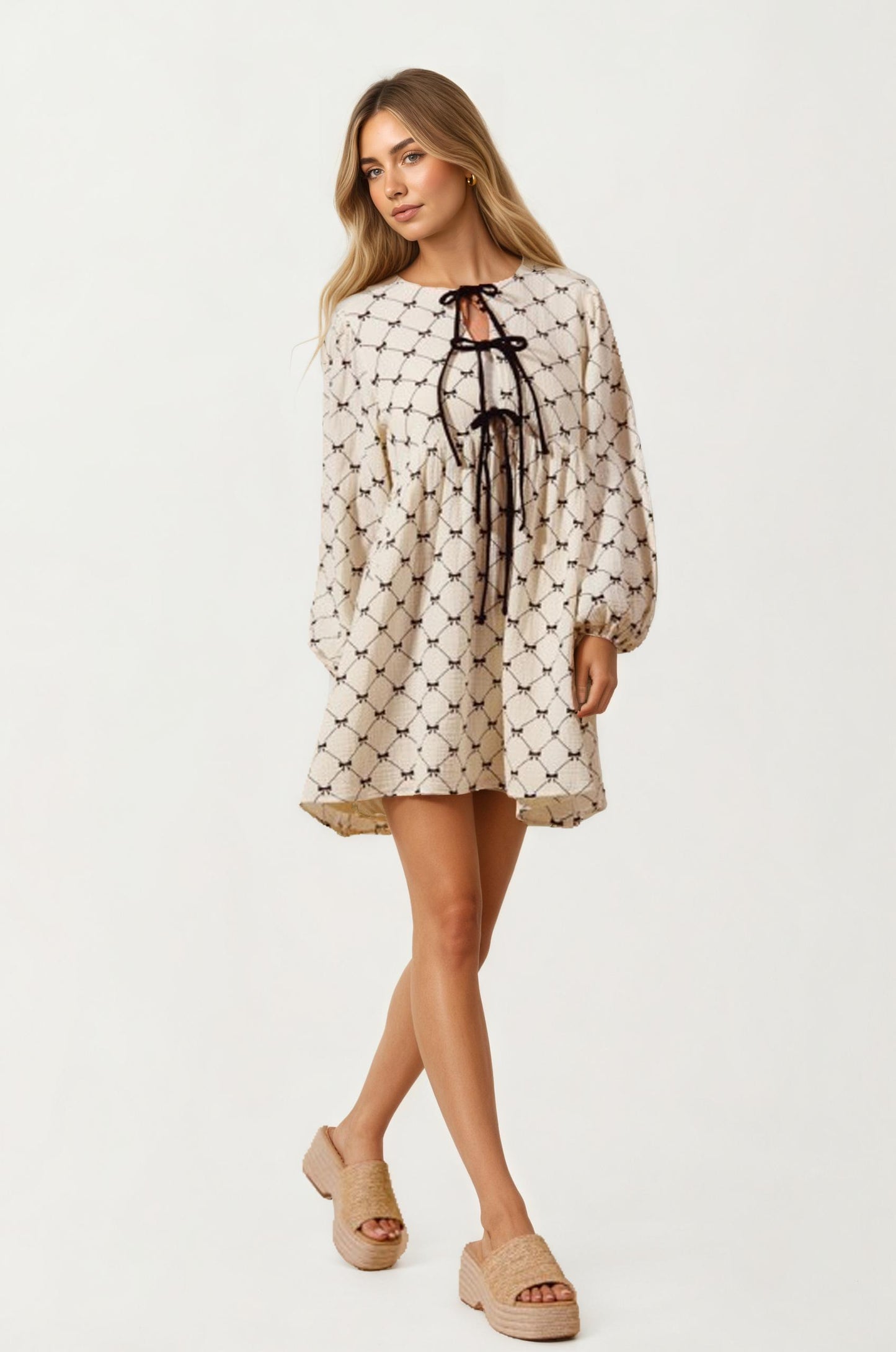 Bow Tie Front Mini Dress With Soft Diamond Pattern