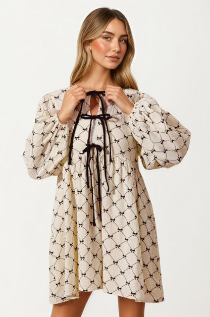 Bow Tie Front Mini Dress With Soft Diamond Pattern