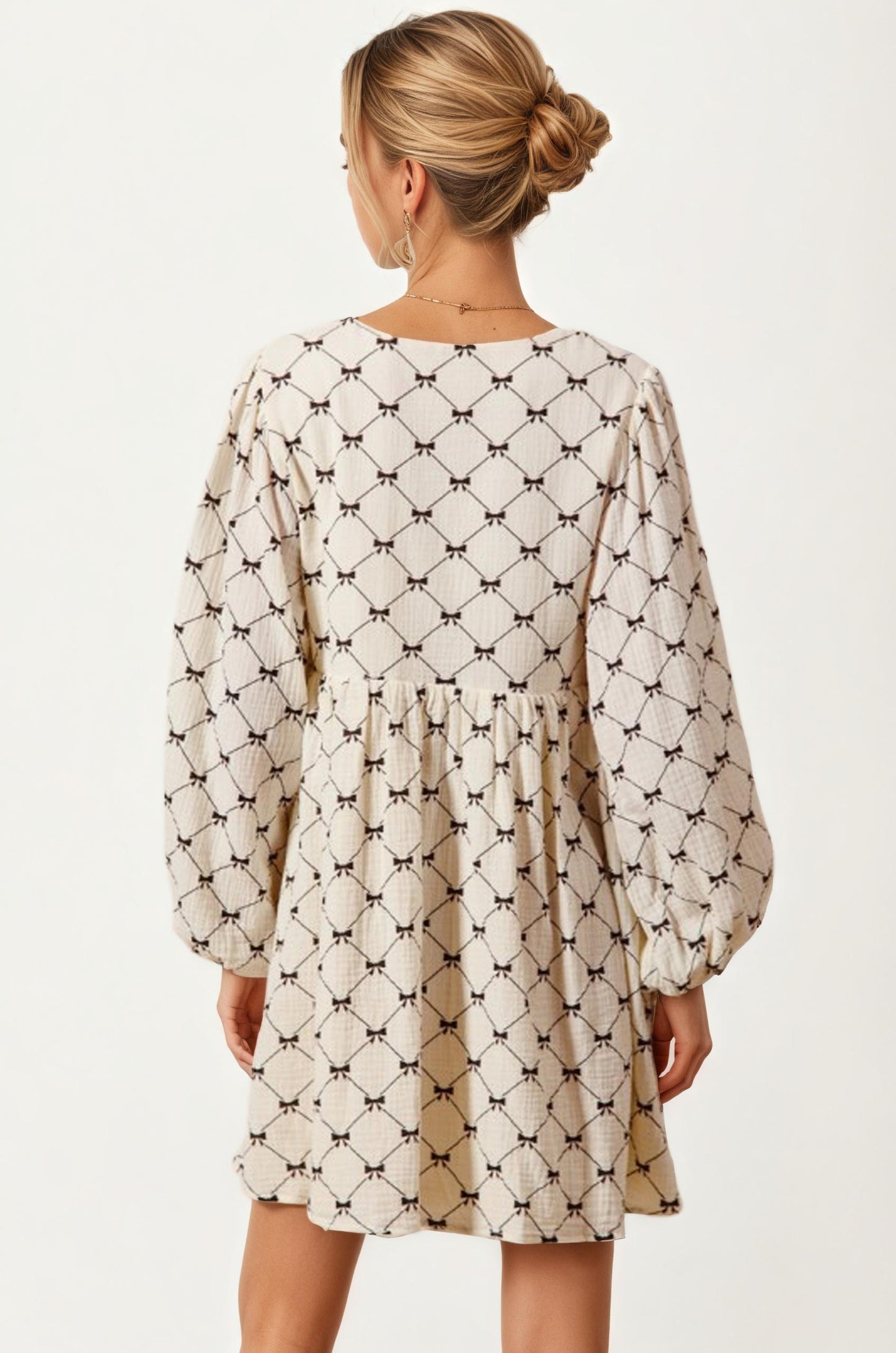 Bow Tie Front Mini Dress With Soft Diamond Pattern