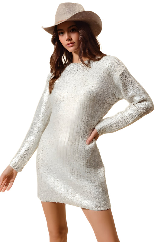 Long Sleeve Sequin Mini Dress With Crew Neckline