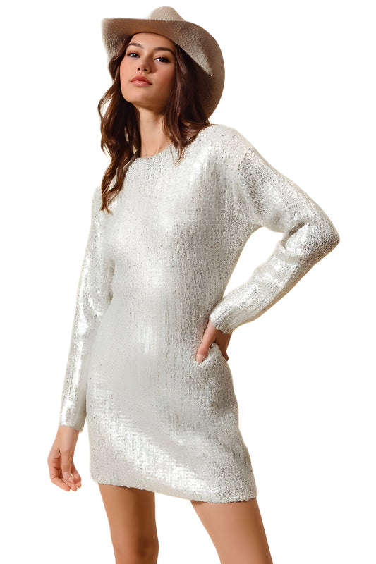 Long Sleeve Sequin Mini Dress With Crew Neckline