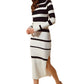 Black And Ivory Striped Long Sleeve Knit Bodycon Dress