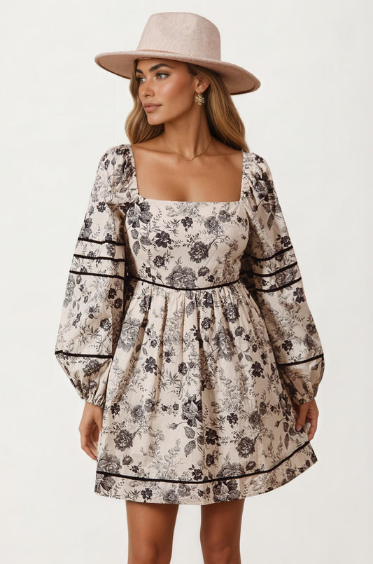 Square Neck Puff Sleeve Mini Dress with Floral Print