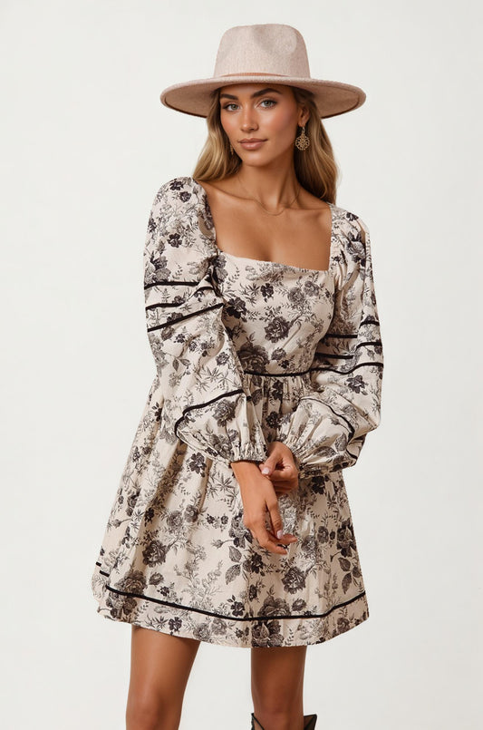 Square Neck Puff Sleeve Mini Dress with Floral Print