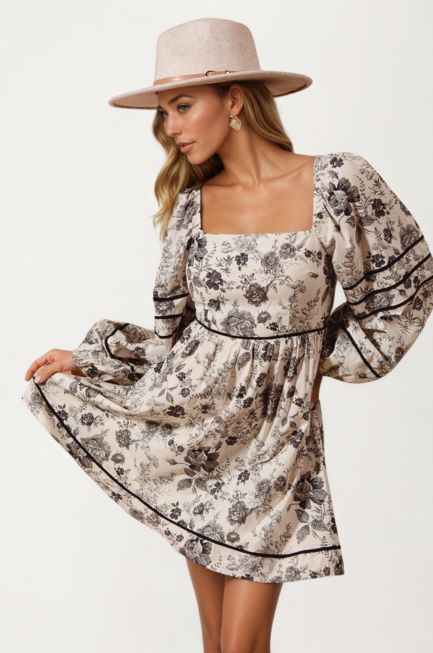 Square Neck Puff Sleeve Mini Dress with Floral Print