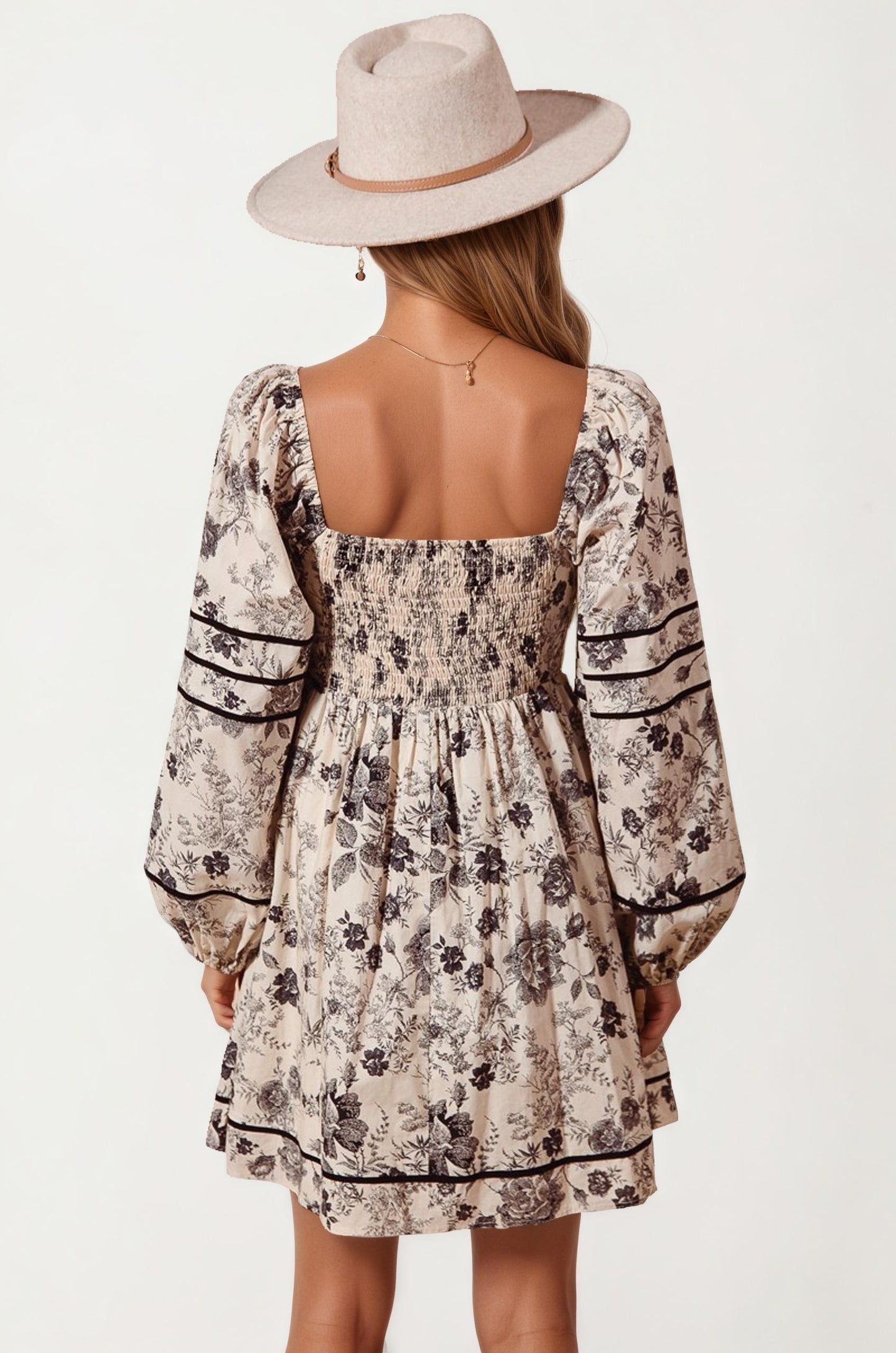 Square Neck Puff Sleeve Mini Dress with Floral Print