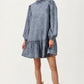Long Sleeve Ruffle Hem Denim Dress with Pleated Mock Neck