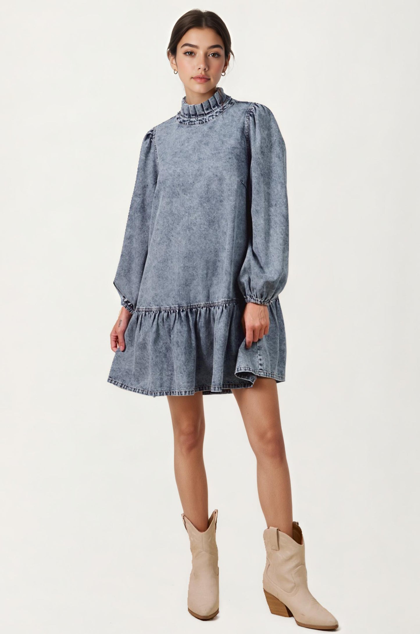 Long Sleeve Ruffle Hem Denim Dress with Pleated Mock Neck