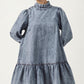 Long Sleeve Ruffle Hem Denim Dress with Pleated Mock Neck