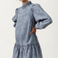 Long Sleeve Ruffle Hem Denim Dress with Pleated Mock Neck