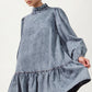Long Sleeve Ruffle Hem Denim Dress with Pleated Mock Neck