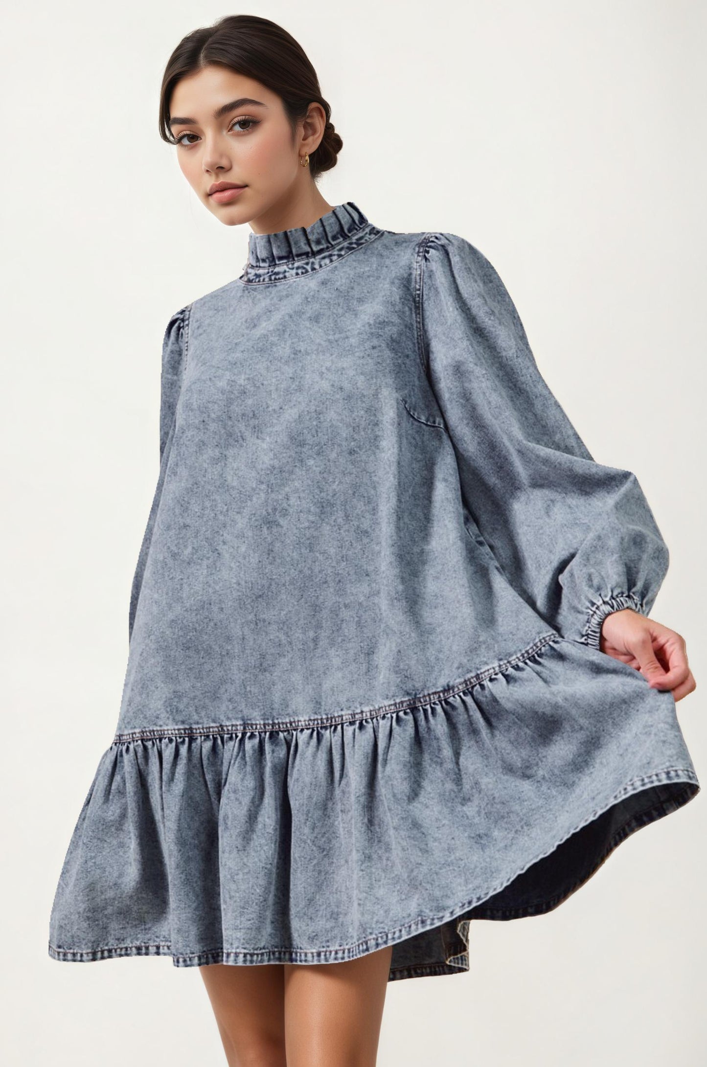 Long Sleeve Ruffle Hem Denim Dress with Pleated Mock Neck