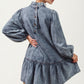 Long Sleeve Ruffle Hem Denim Dress with Pleated Mock Neck