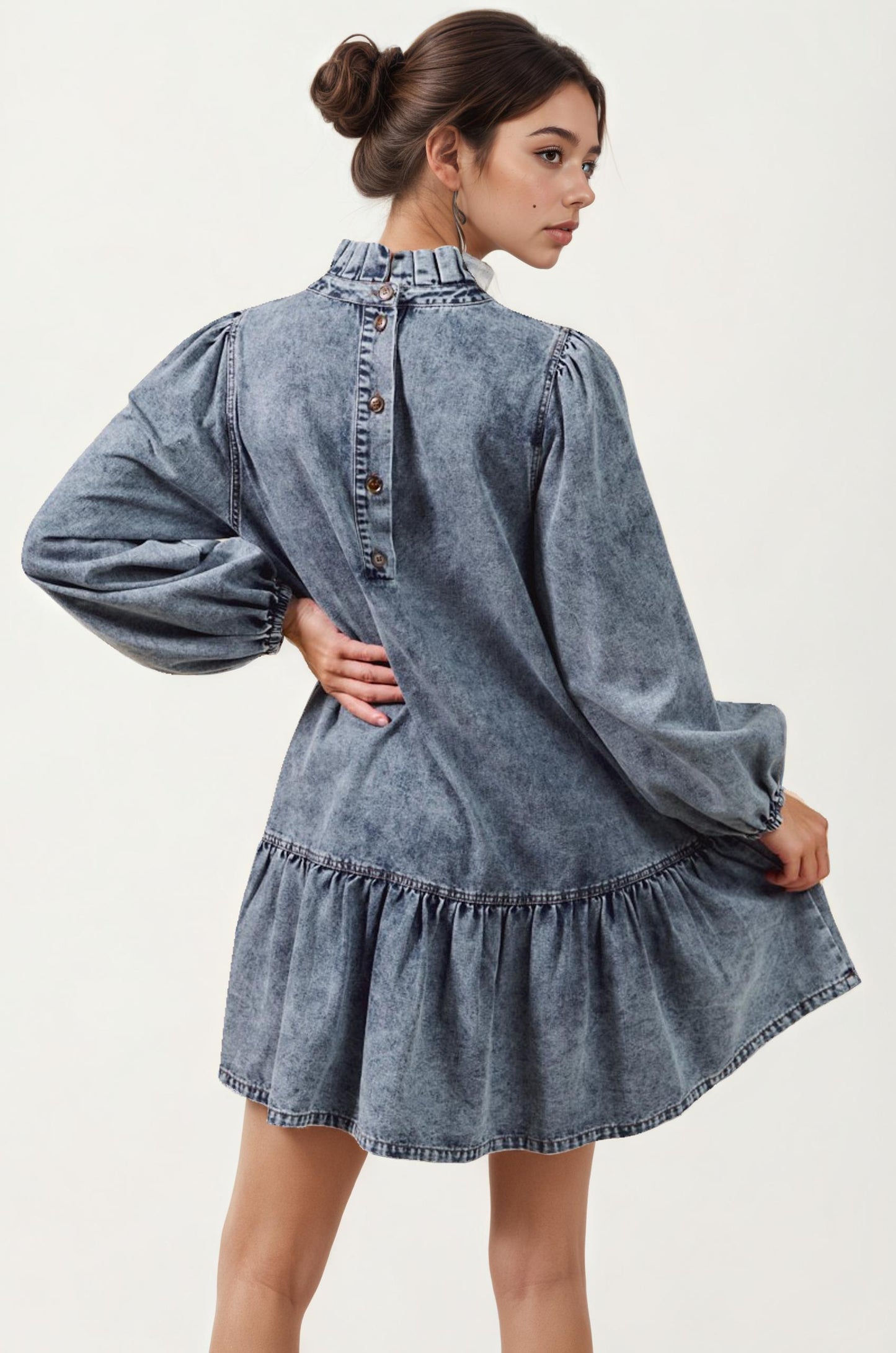 Long Sleeve Ruffle Hem Denim Dress with Pleated Mock Neck