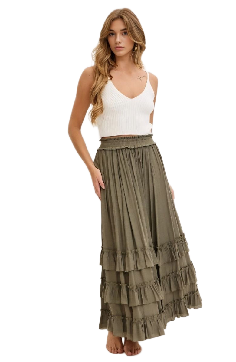 Tiered Ruffle Maxi Skirt in Olive Green with Smocked Waist