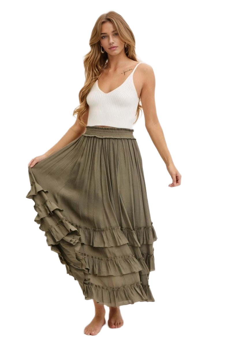 Tiered Ruffle Maxi Skirt in Olive Green with Smocked Waist