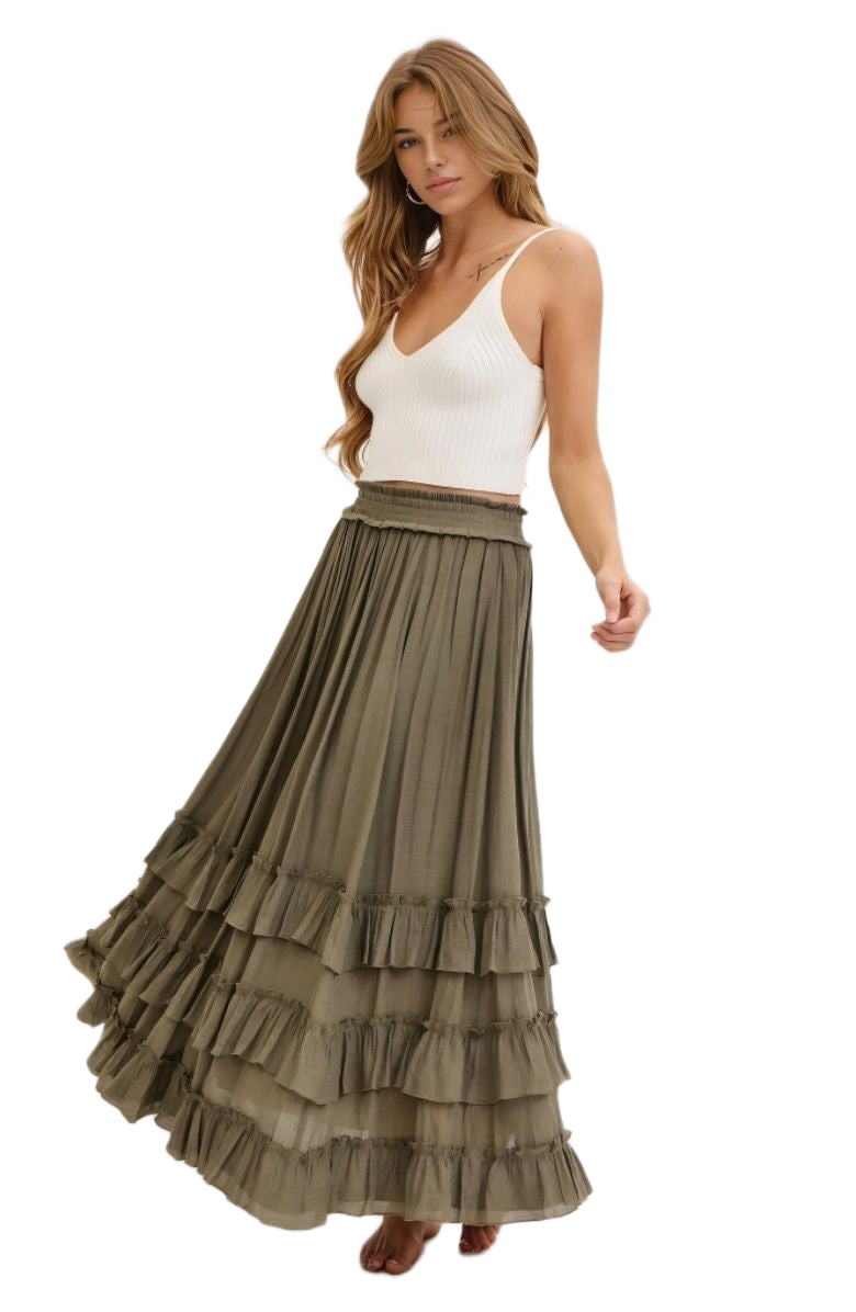 Tiered Ruffle Maxi Skirt in Olive Green with Smocked Waist