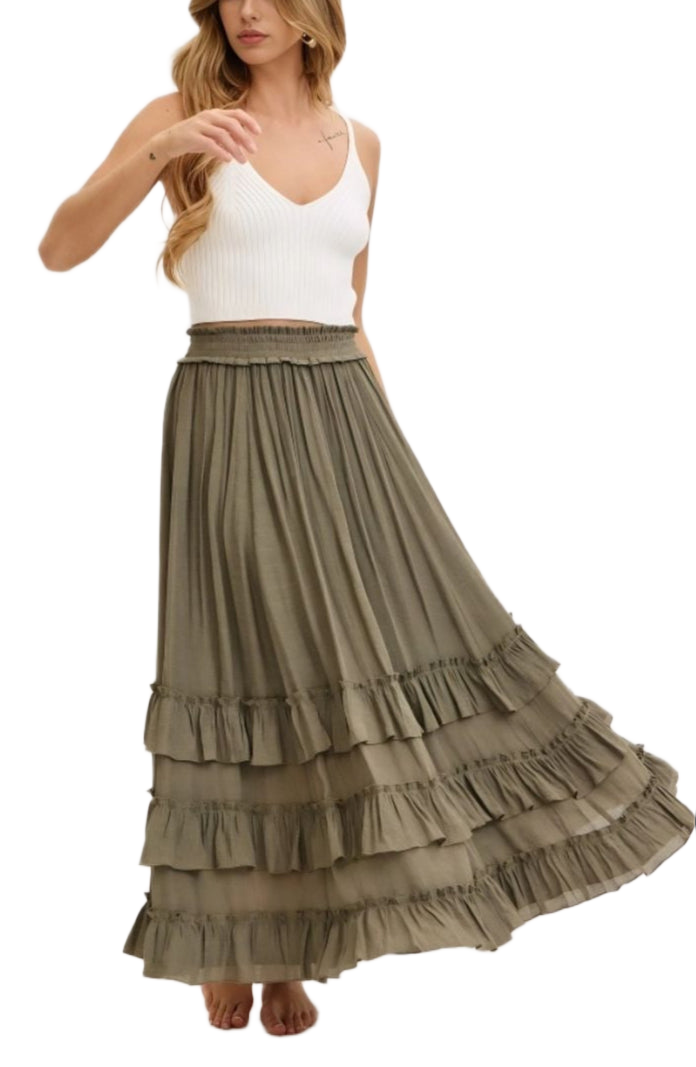 Tiered Ruffle Maxi Skirt in Olive Green with Smocked Waist