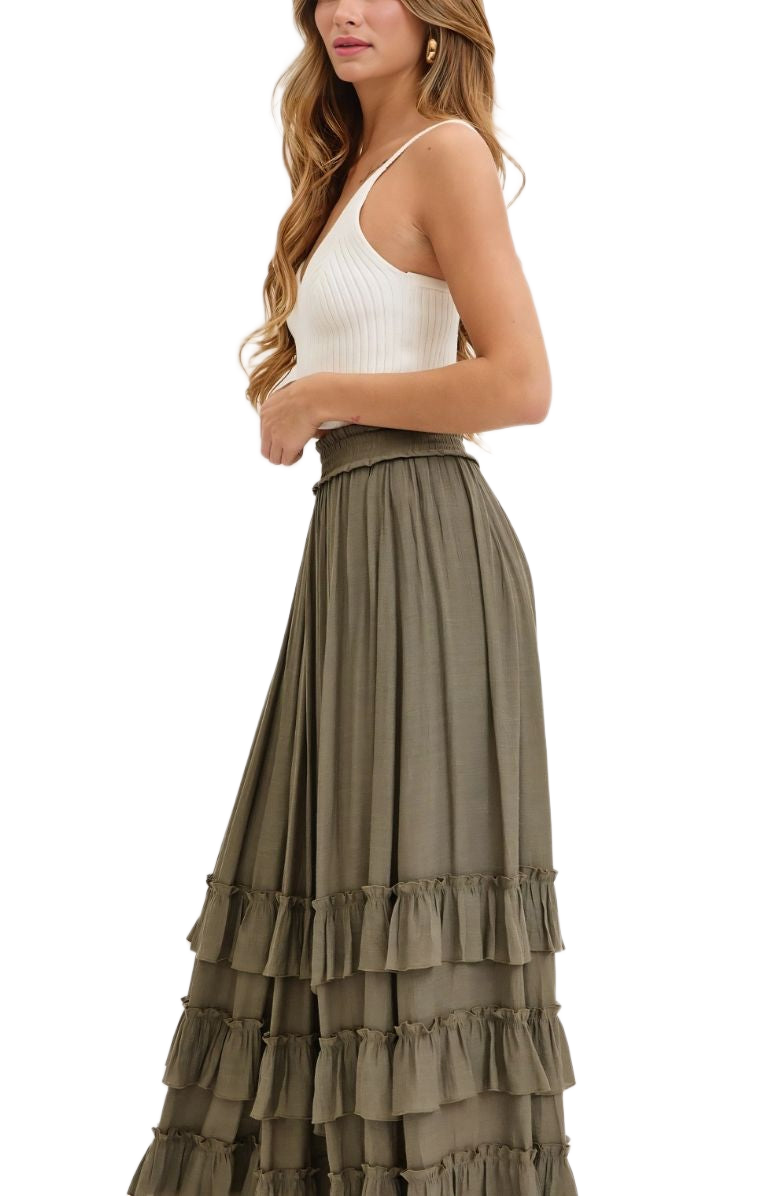 Tiered Ruffle Maxi Skirt in Olive Green with Smocked Waist
