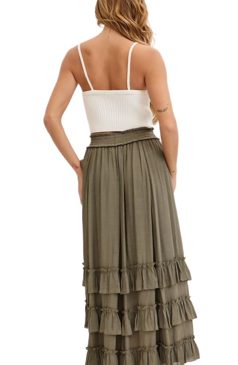 Tiered Ruffle Maxi Skirt in Olive Green with Smocked Waist