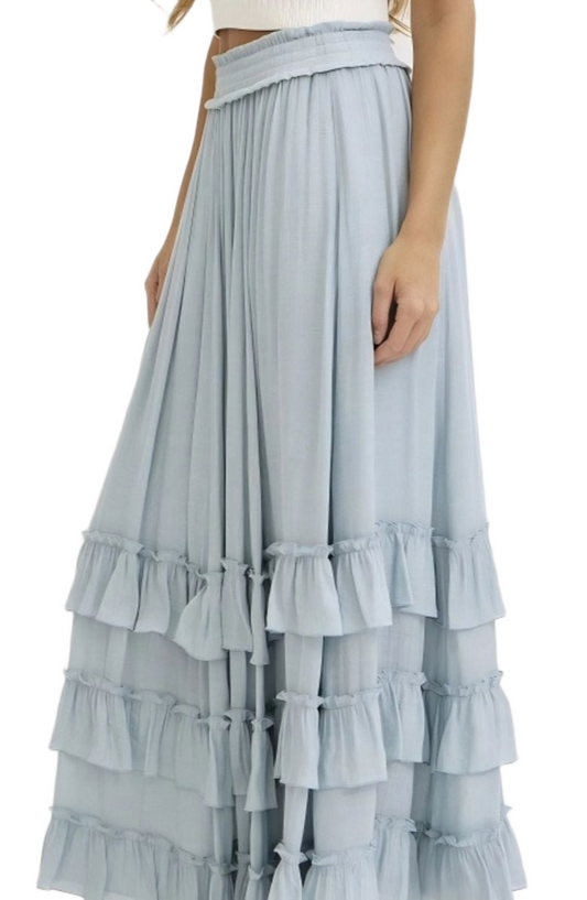 Tiered Ruffle Maxi Skirt in Soft Blue with Smocked Waist